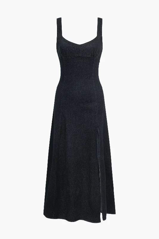 Solid Denim Tank Slit Maxi Dress