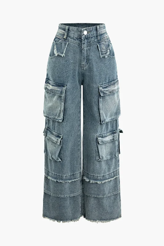 Frayed  Pocket Cargo Wide Leg Jeans