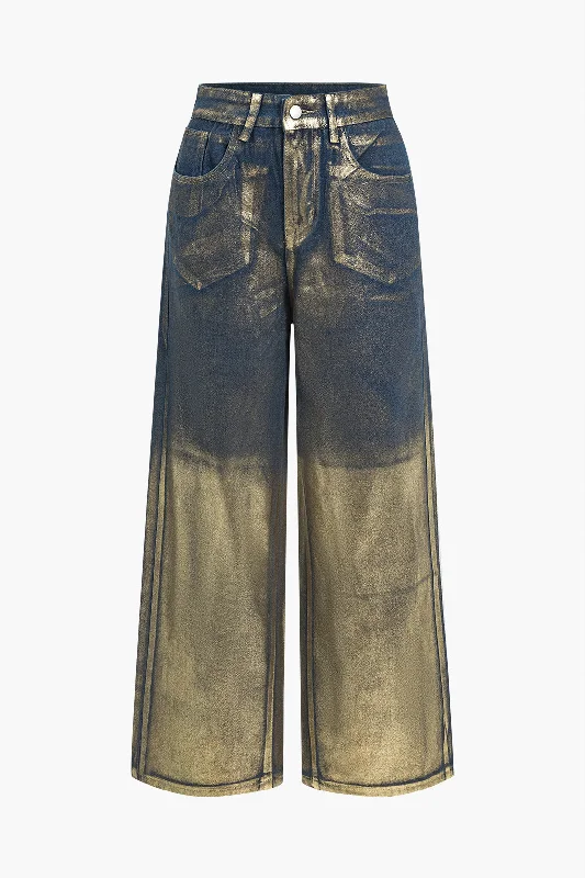 Glitter Metallic Foil Wide Leg Jeans