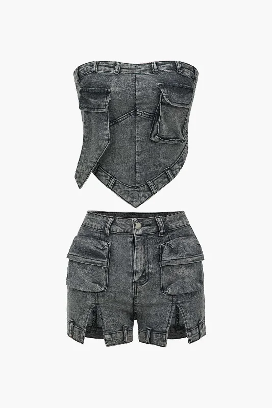 Solid Washed Pocket Denim Tube Top And Shorts Set