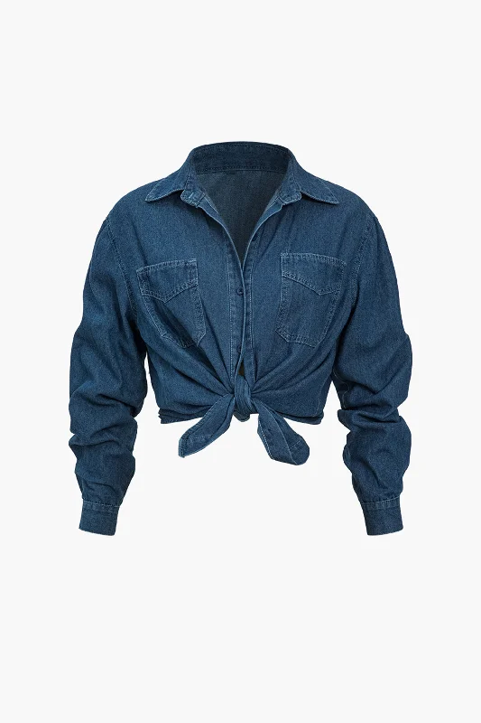 Solid Button Pocket Denim Shirt