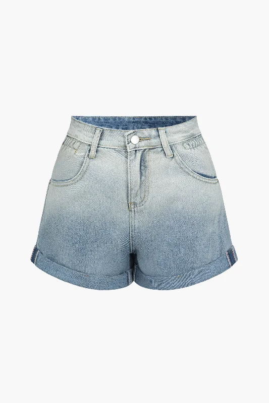 Ombre Print Button Zipper Denim Shorts