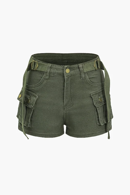 Solid Denim Button Pocket Belted Shorts