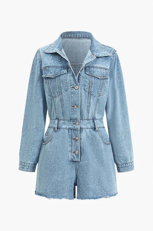 Denim Button-Up Belted Romper