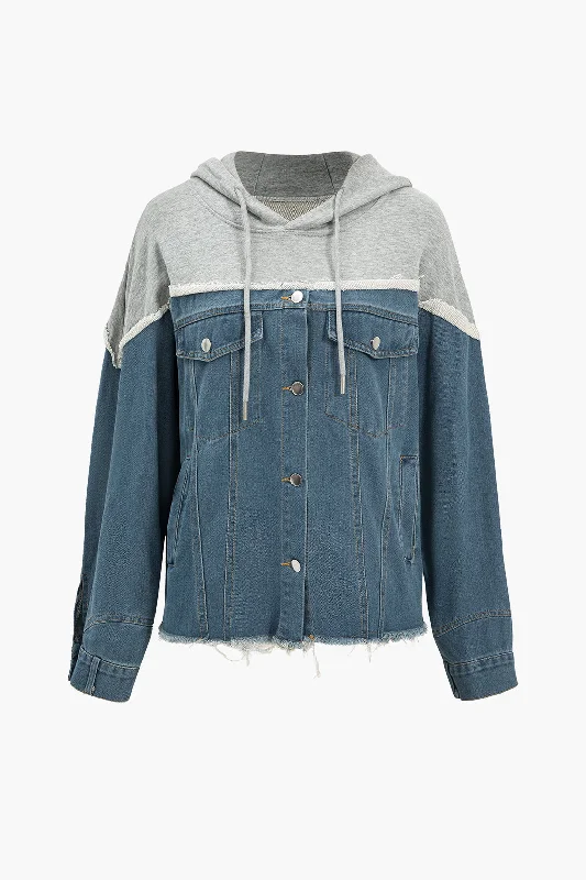 Denim Button Patchwork Hooded Pocket Long Sleeve Shirt